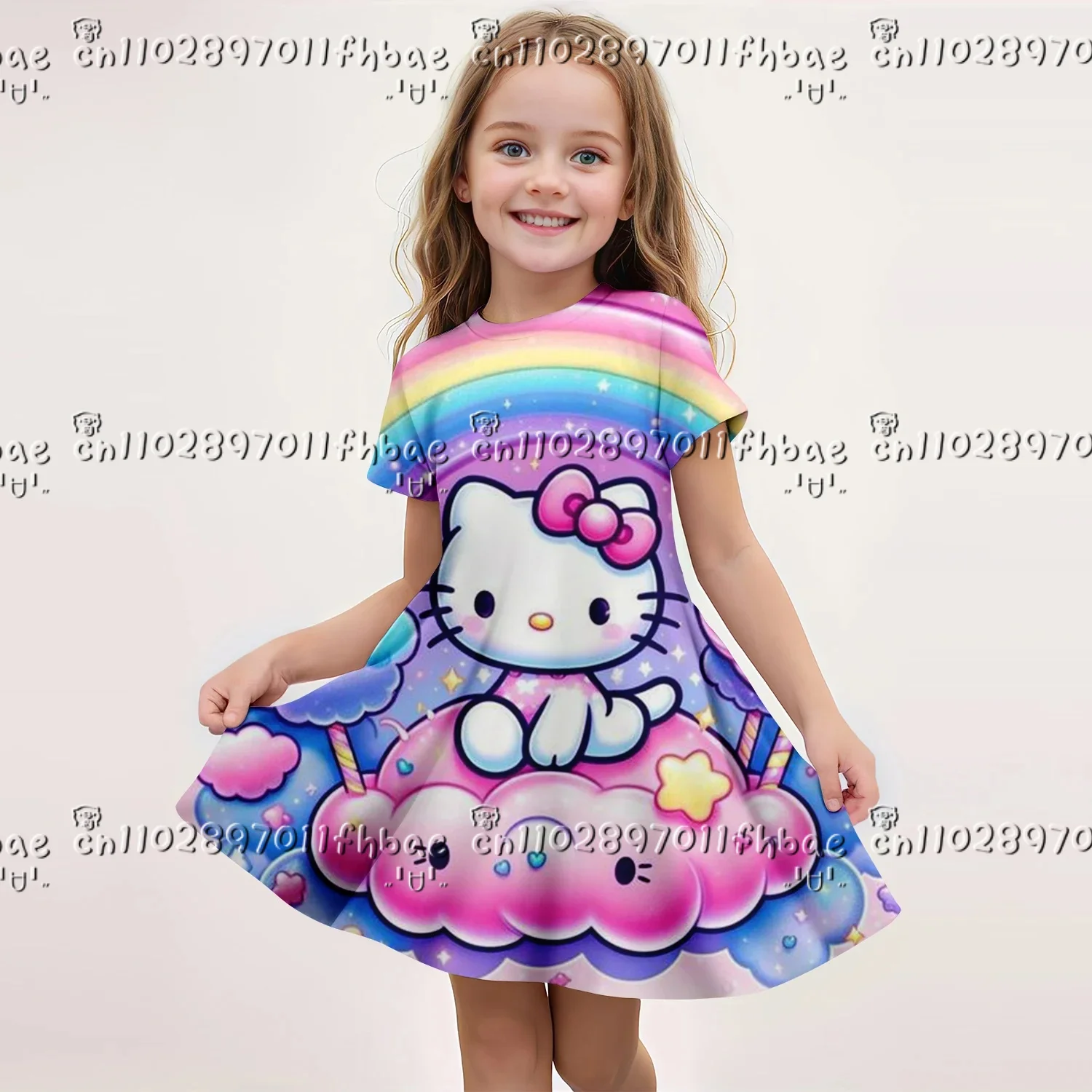 

25-26 Miniso Hellokitty, новое летнее детское платье, платье с короткими рукавами и 3d принтом для девочек, милая детская одежда для вечеринки