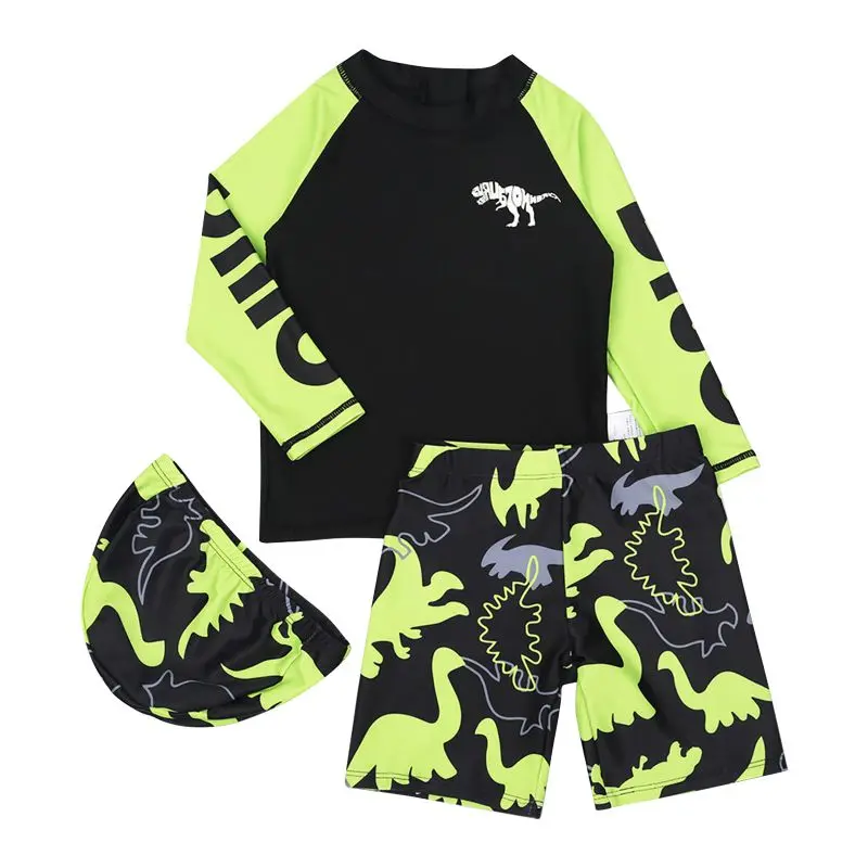 3Pcs Children Boy Dinosaur Printing Long Sleeves Shorts Caps Swimwear  Sunscreen Prevention Quick Drying Swimwear