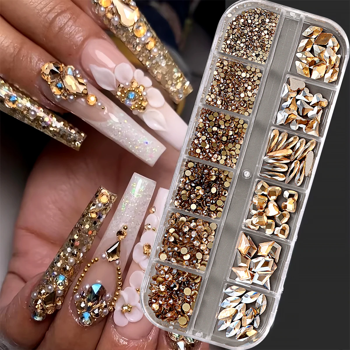 Champagne Color Crystal Rhinestones Nail Crystal Gemstones Various Shapes Shiny Golden Flat-Bottomed Pieces For Nail Rhinestones