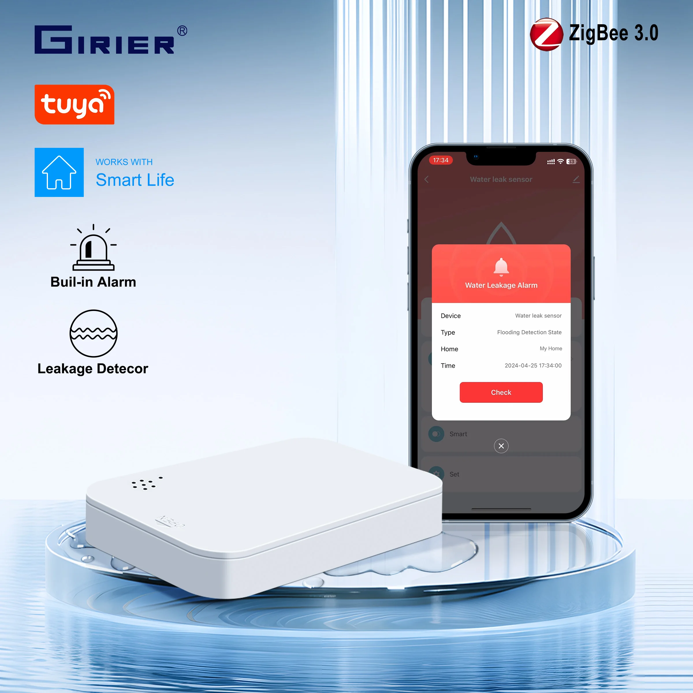 GIRIER Tuya ZigBee Water Leak Sensor Smart Leakage Detector Built-in Smart Siren 85dB Alarm Sound for Smart Home Security System