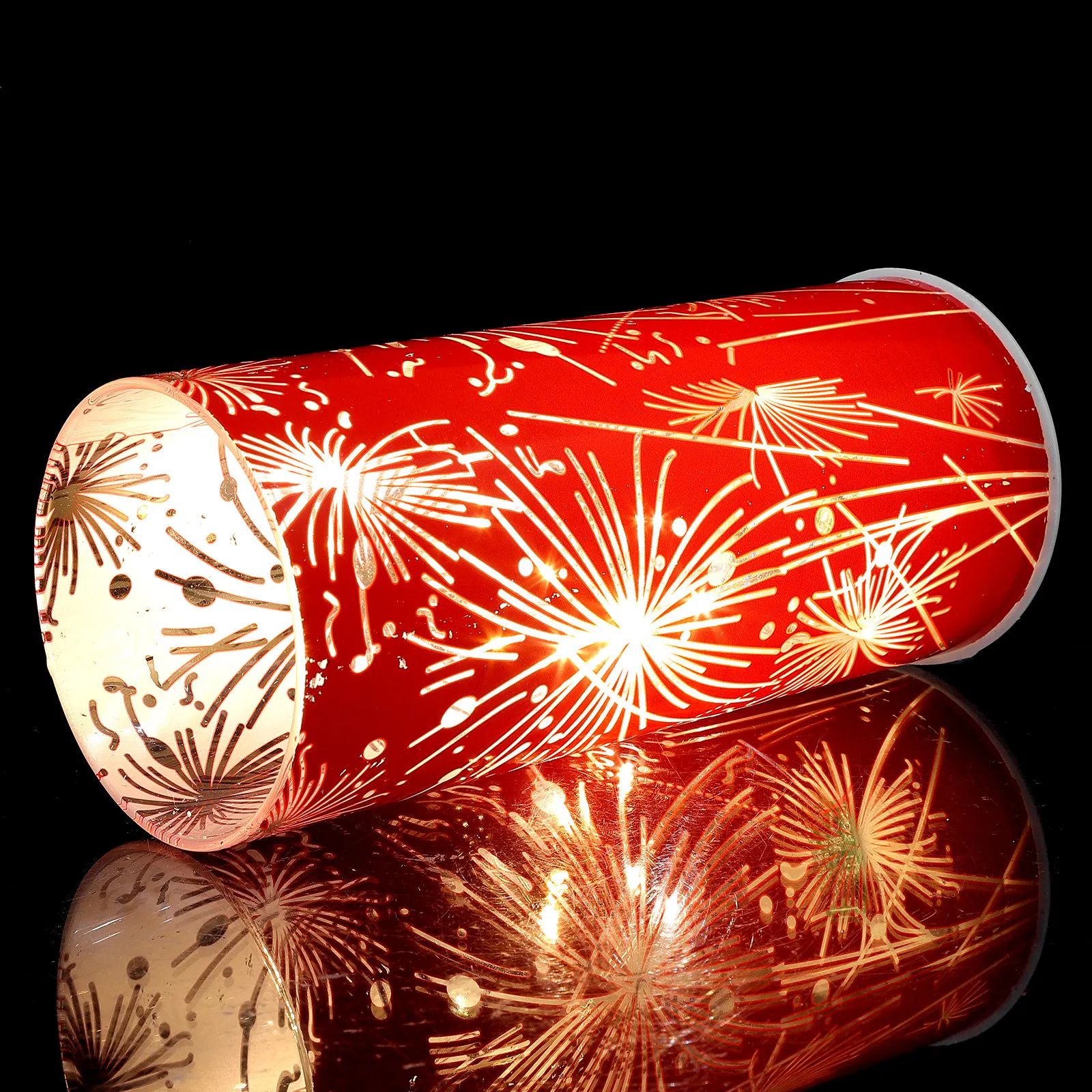 Flameless LED Hurricane Lantern Red Glass Pillar Sparkler 3D Starspark Effect Christmas Wedding Holiday Mantel Table Decor