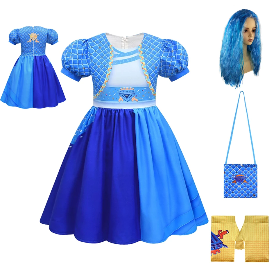 

Halloween Descendants 4 Costume Chloe Cosplay Clothes Girls Blue Print Puff Sleeve Dress Kids Stage Performance Clothing
