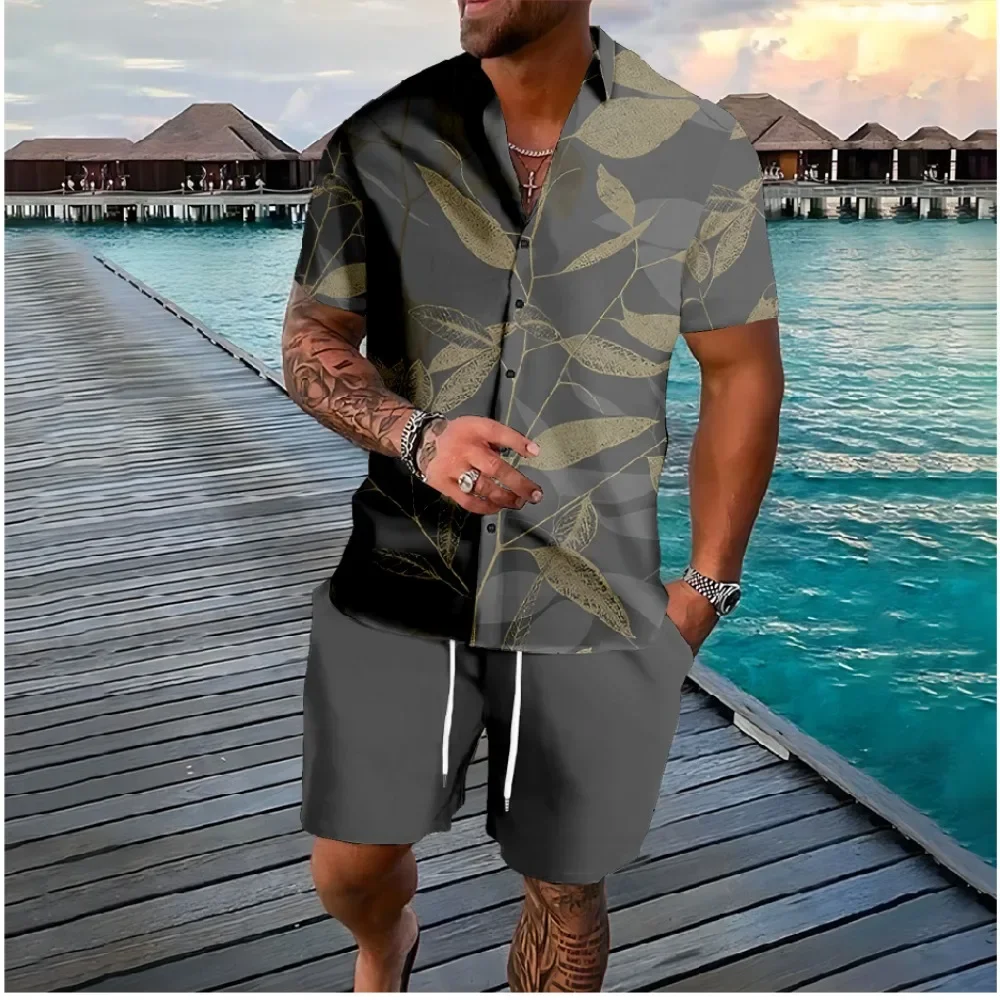 Fashion Color Leaf 3D Print Men Shirt Sets Short Sleeve Shirt Oversized Casual Beach Shorts Streetwear Hawaiian Suits Clothes