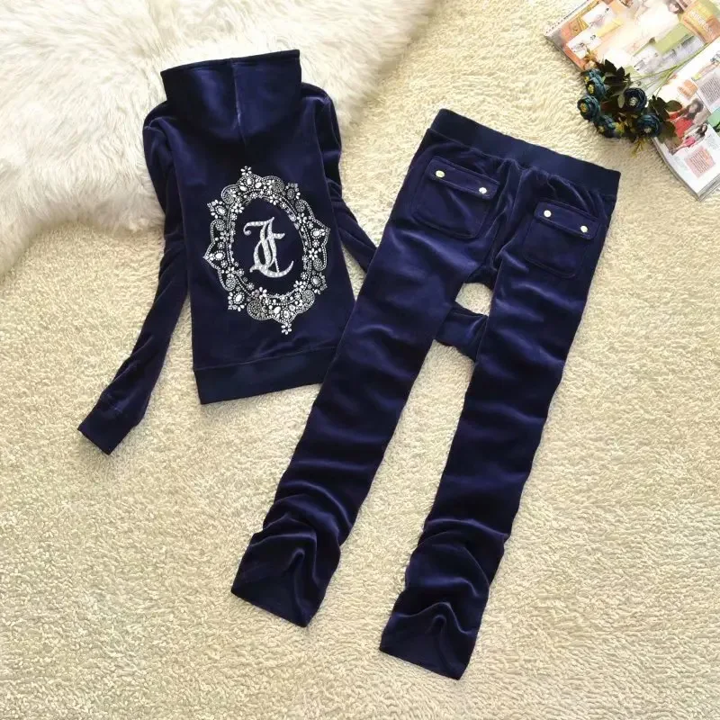 Juicy Brand Casual Sportswear Set Two Piece Set 2024 Spring Autumn Rhinestone Fashion Women Velvet Tracksuit