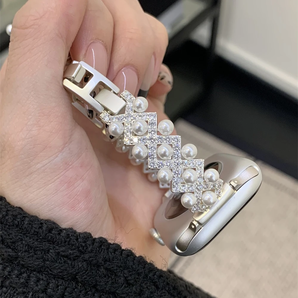

Strap Luxury Pearl Diamond Band For IWatch Ultra 10 9 8 7 6 5 4 Woman Pearl Bracelet For 38 40mm 41mm 42mm 45mm 46mm 49mm Watch