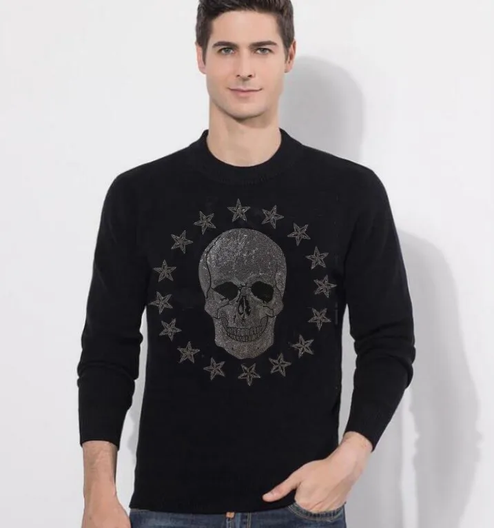 

Men Fashion Rhinestone winter skull sweater Casual Cotton Comfortable top