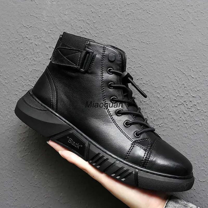 Ankle Boots Black PU Leather Men\'s Sports Shoes Autumn Winter Comfortable High-top Casual Fashion Platform Boots Man Round Head