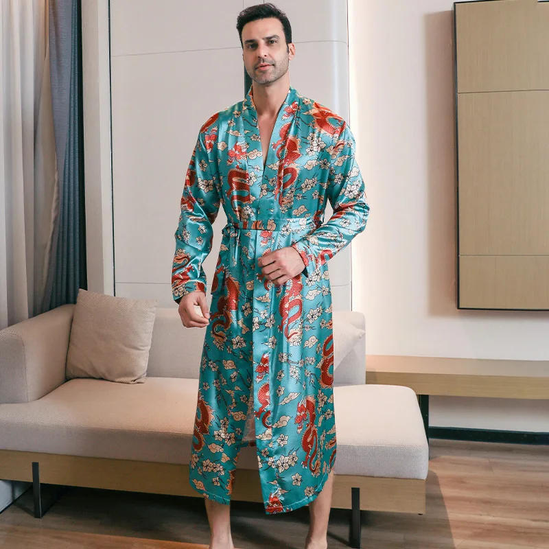 Ice silk pajama men\'s long sleeved thin plum blossom dragon pattern spring and autumn summer bathrobe home clothing sleepwear