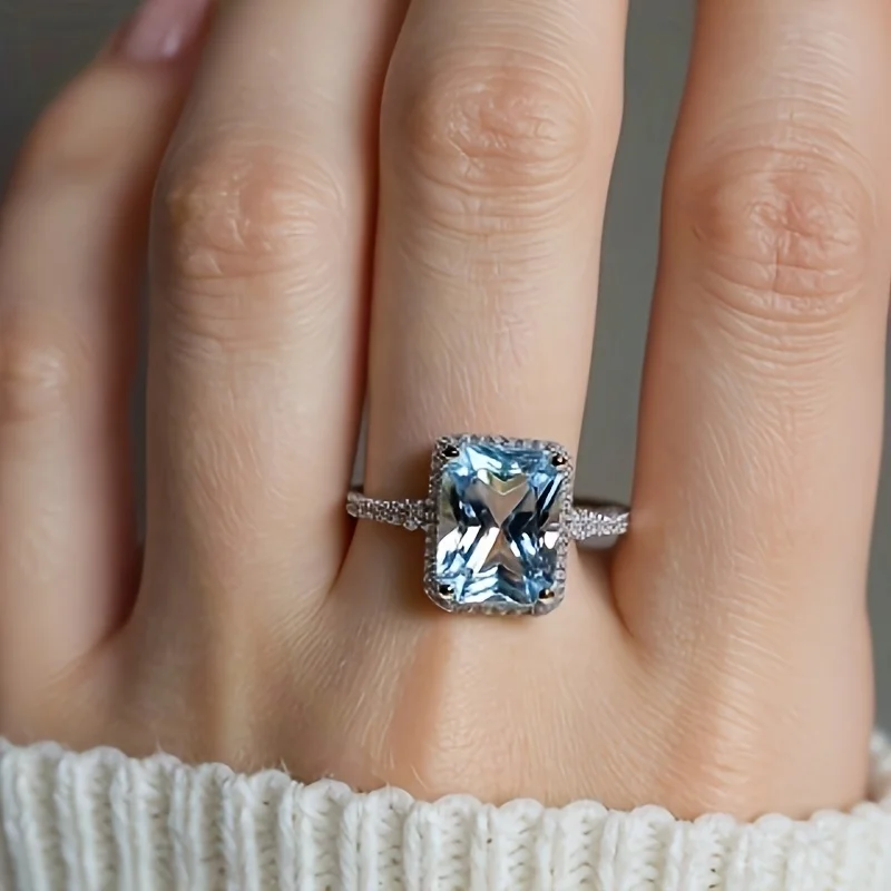 

SGARIT Jewelry Natural Crystal Radiant Cut 2ct Square Sky Blue S925 Sterling Silver Wedding Engagement Ring for Women