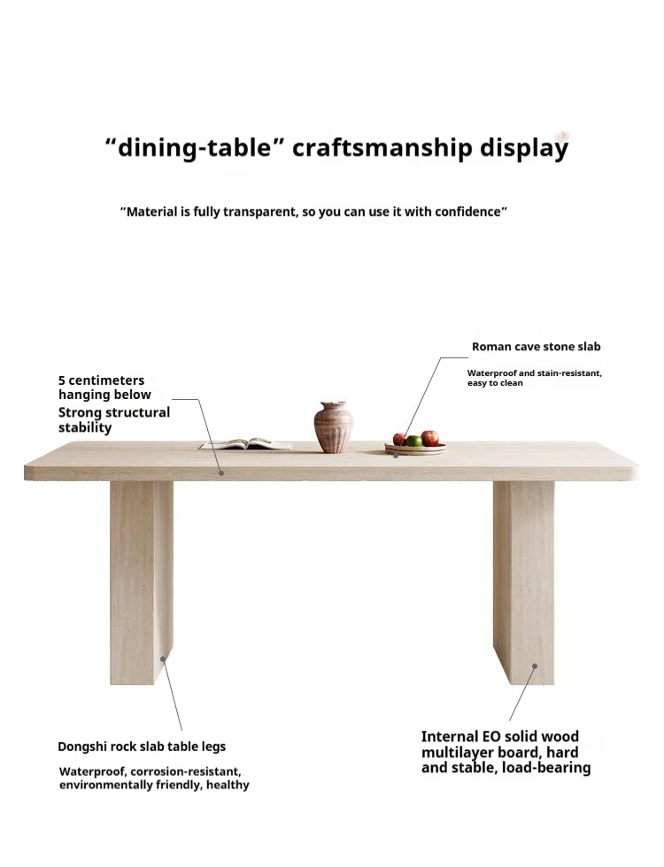 

Luxury Travertine Pattern Stone Dining Table, Cream Mid-Century Style for Small Space, Stain & Heat Resistant, Customizable