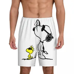 Custom Cartoon Snoopy Woodstock Animation Pajama Shorts for Men Sleepwear Lounge Bottom Stretch Sleep Short Pjs with Pockets