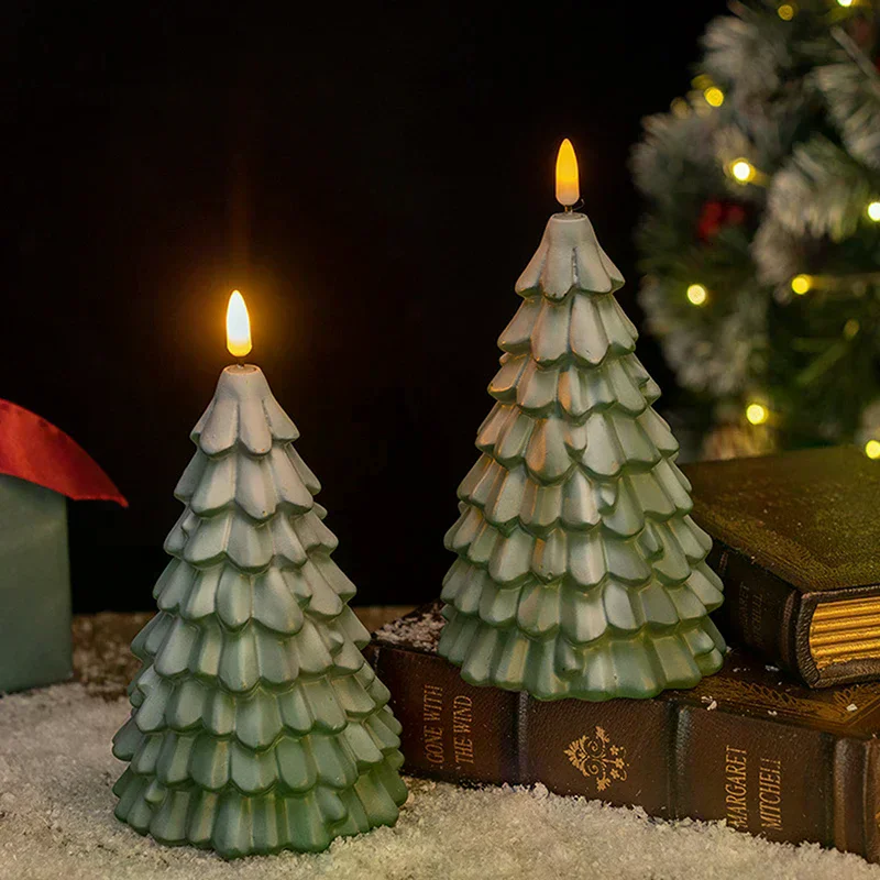 Christmas Tree Shaped LED Candles, Flameless Pillar Candles, Battery Operated LED Candle With 3D Flame Wick, Green Candles