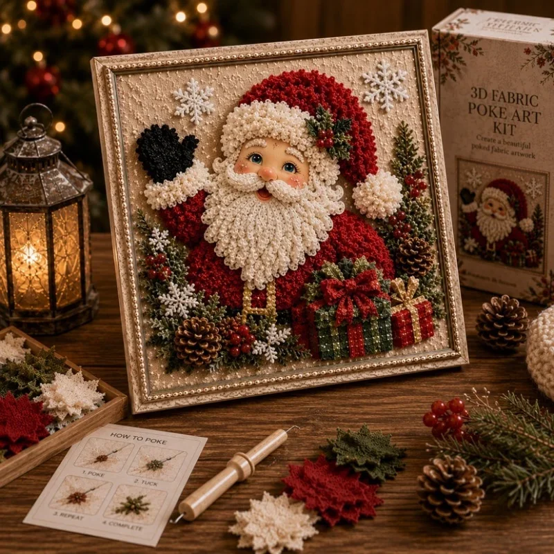 Vintage Christmas Fabric Poke Art DIY Kit PreCut Cloth Squares Punch Embroidery Craft Set for Adult Beginners Holiday Home Decor