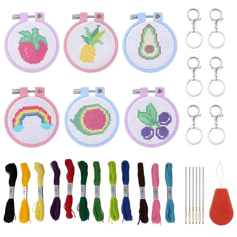 6Pcs Cross Stitch Embroidery Kits For Kids Cross Stitch Beginner For Handicraft Fruit Patterns DIY Handmade Pendant Hoops