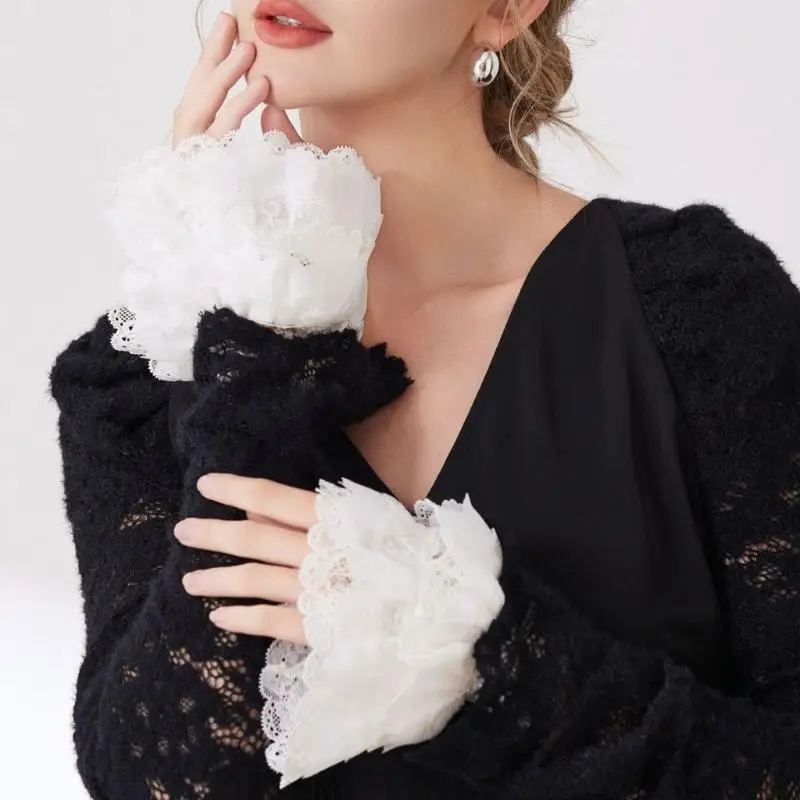 Elastic Lace Sleeve Pair White Detachable Set for Adding Texture to Knitwear Dresses and Costume Looks D0UB