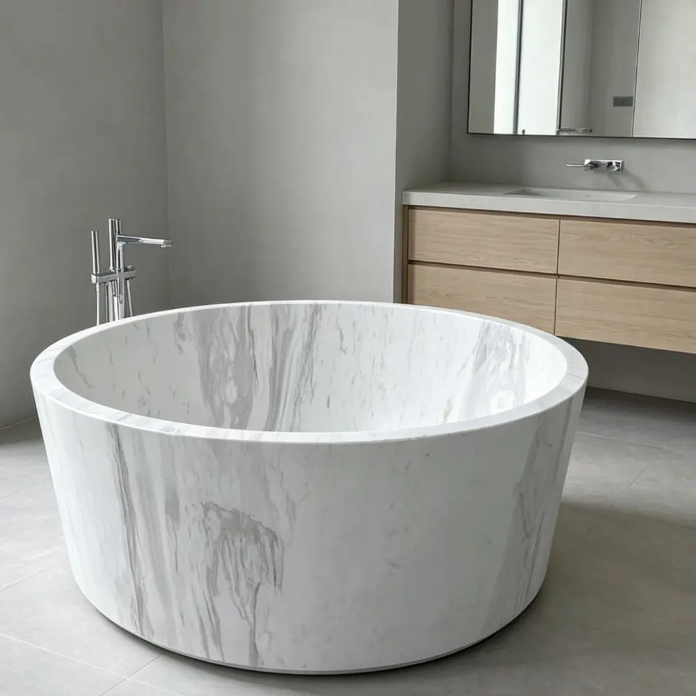 #￥Modern Round Freestanding White Marble Bathtub with Grey Veins Natural Stone Soaking Tub for Indoor Luxury BathroomHotel Villa