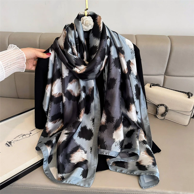 

80*180cm Luxury Silk Scarf Women Leopard Print Soft Smooth Scarves Head Wrap Hijab Muffler Long Shawl Beach Towel