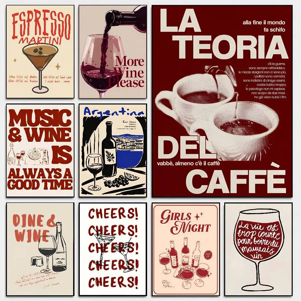 Trendy Coffee Cin Wine Cheers Retro Wine Print Poster Self-adhesive Art Room Entrance Restaurant Wall Decor Art Painting