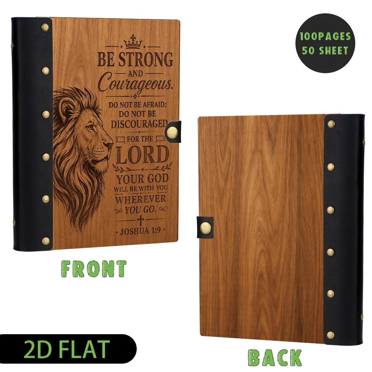 1PC Be Strong And Courageous Lion Leather Wood Notebook, Retro Bible Verse Hardcover Journal,Rivet Decor Religious Writing Diary