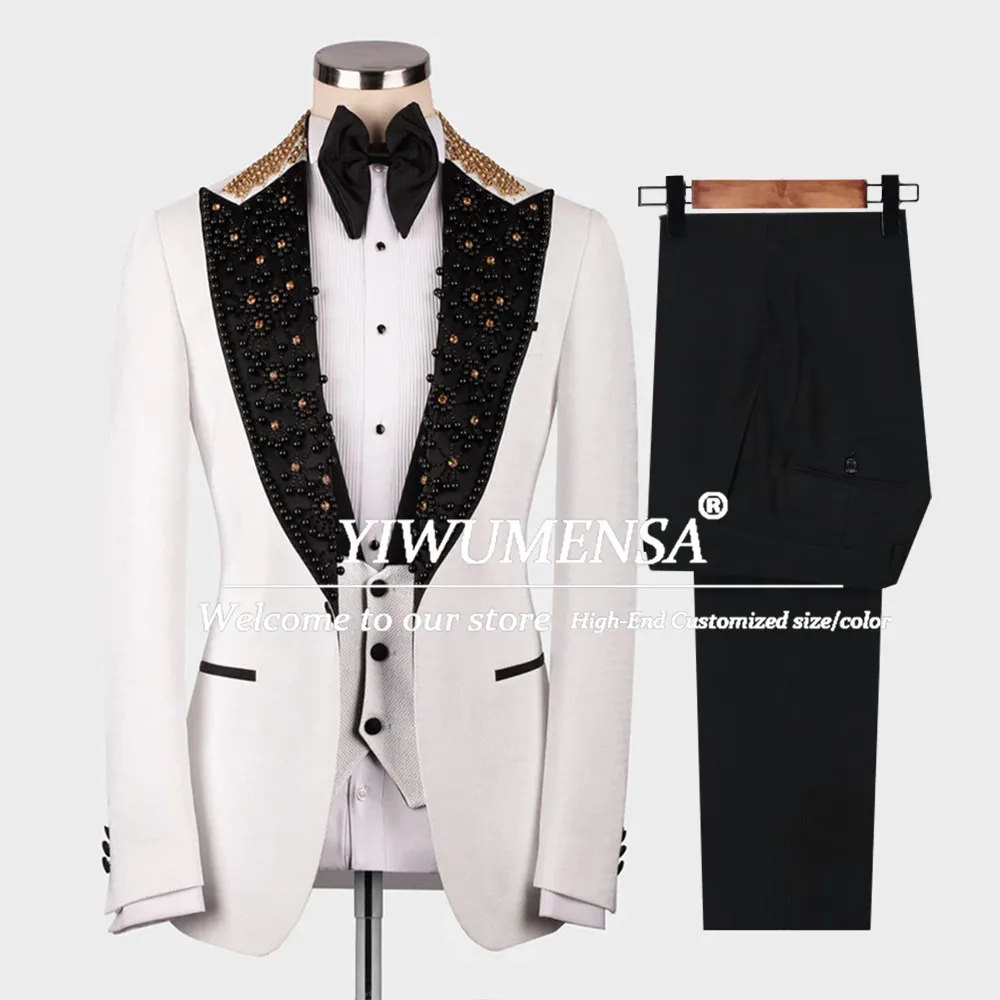 

Роскошные мужские костюмы, одежда для жениха, свадебный смокинг, черный/золотой жемчуг, пиджак с лацканами, индивидуальный формальный смокинг для банкета и выпускного вечера, костюм Homme