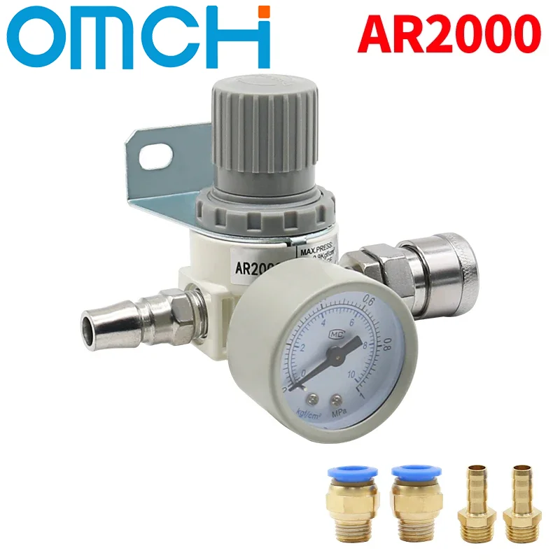 AR2000 1/4'' Air Pressure Regulator Control Compressor Pump Gas Regulating Treatment Units with Gauge Adjustable