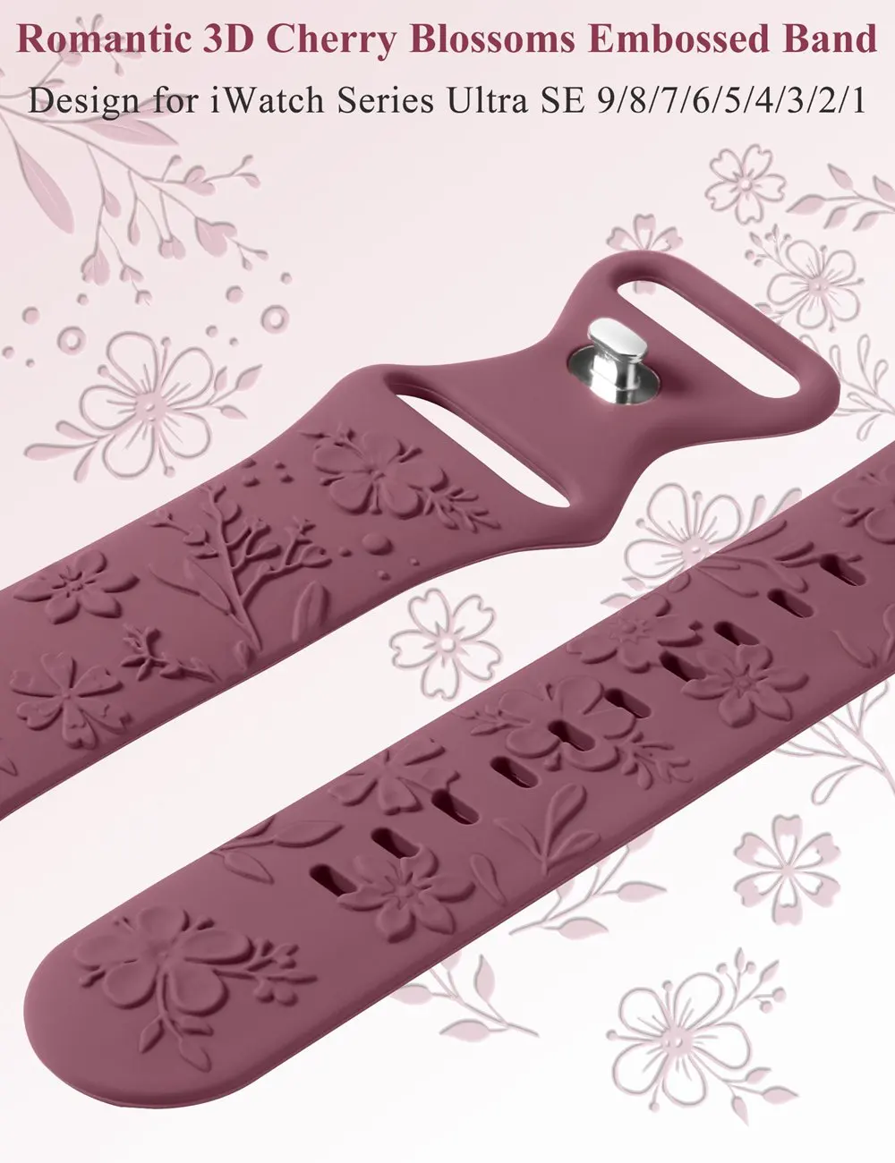 Wearlizer Embossed Cherry Blossoms Band for Apple Watch Band 45mm 41mm 40mm 38mm Silicone Sport Strap for iWatch 9/8/7/6/5/4/3/2 image 3
