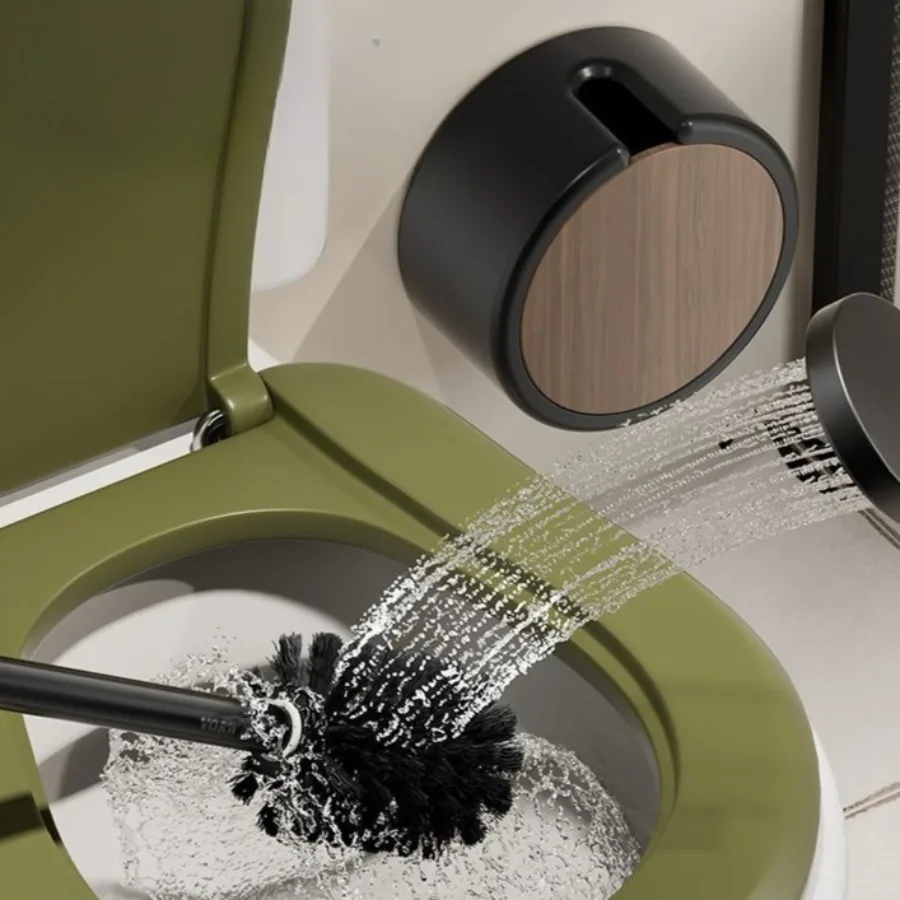 壁掛けトイレブラシ ドリル不要、取り外し可能な木目調ロングハンドル、バスルームクリーニングツール＆アクセサリー