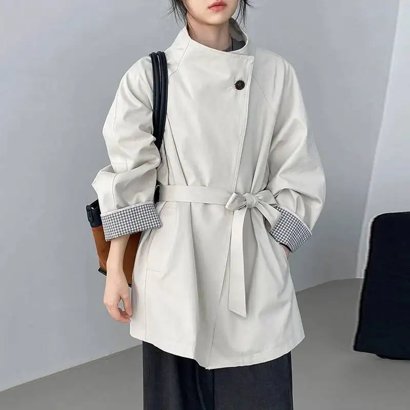 FANAN Korean Style British Style Stand Collar Trench Coat For Women Loose Slim Waist Small Size Mid-Length Coat Female