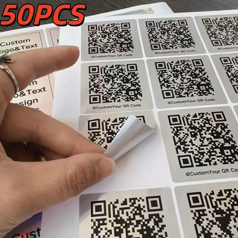 50PCS Personalized 2inch Square Holographic Vinyl QR Code Sticker for Instagram Social Media Metallic Labels for Online Presence