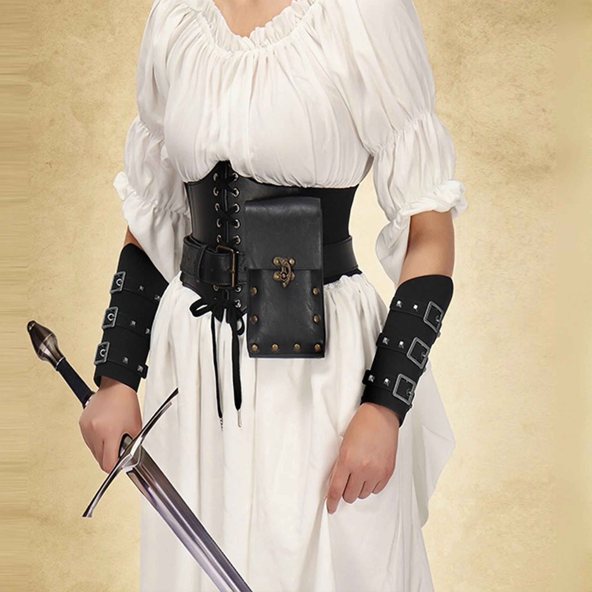 Women Renaissance Corset Belt Fanny Pack Knight Bracers Arm Guards Set Medieval Viking Costume Accessories