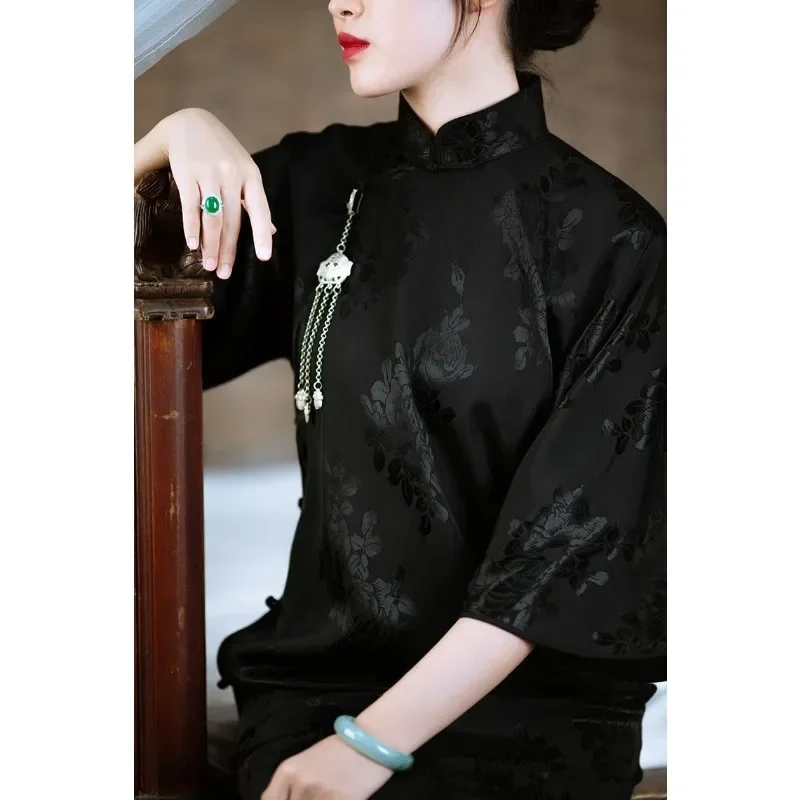 Vintage Black Satin Jacquard Loose Three Quarter Sleeve Cheongsam Dresses for Women 2023 Elegant Improved Modern Qipao Vestidos