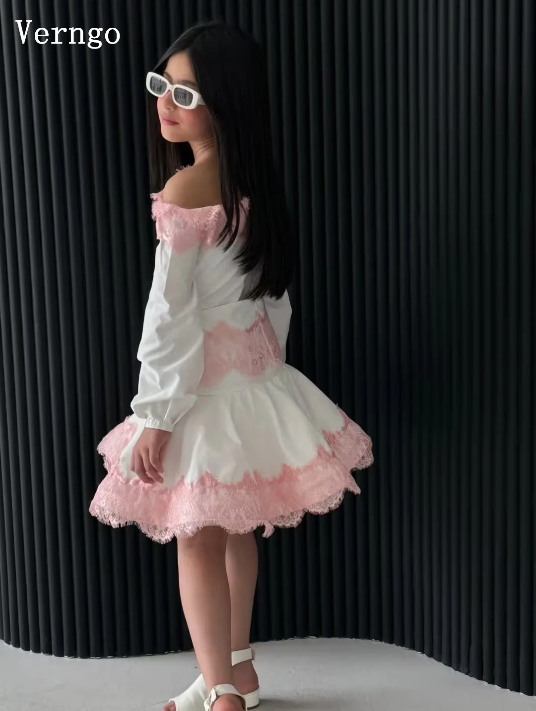Verngo lvory Crepe Mini Girl Formal Dress Off The Shoulder A Line Lace Kid Party Dress Celebrity Prom Gown Customized
