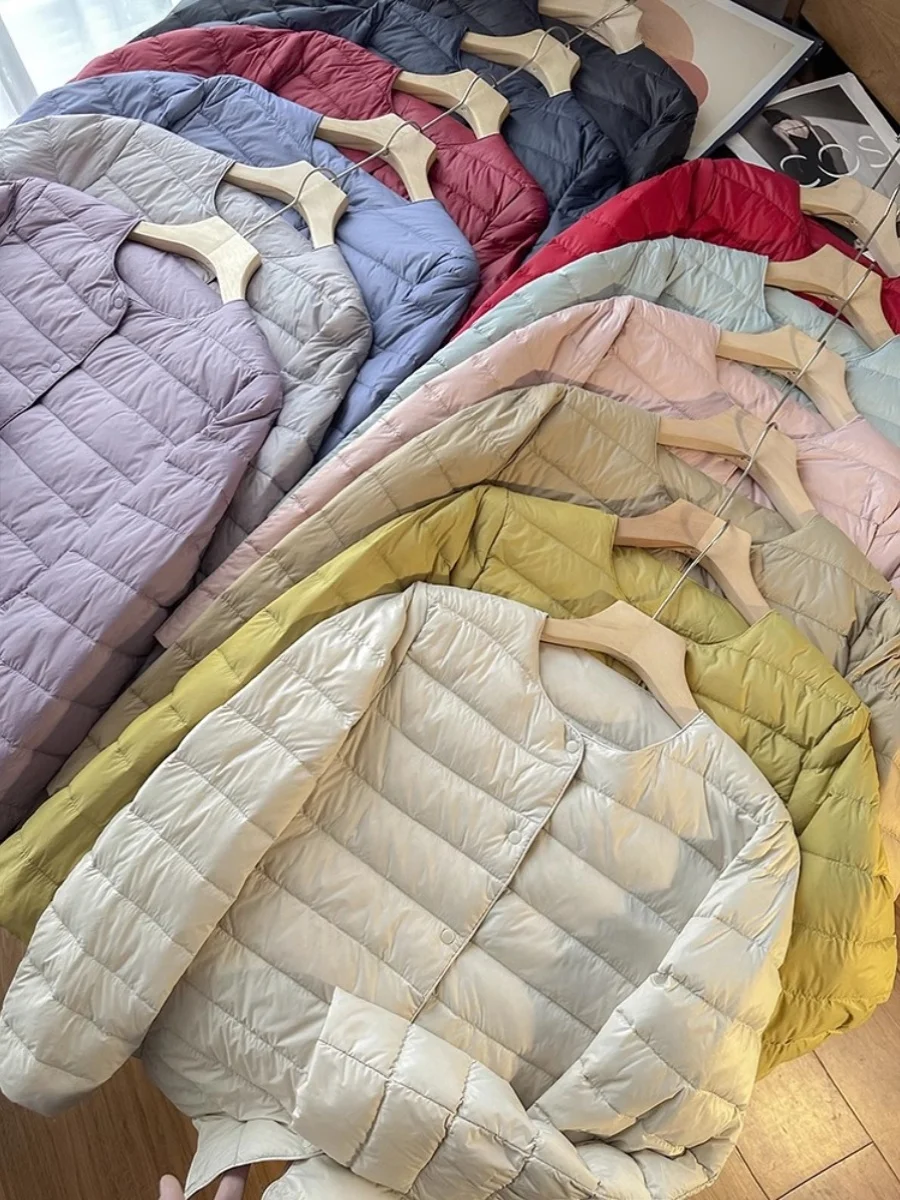 

Легкая компактная женская зимняя куртка из белого утиного пуха, универсальная стильная тонкая модель с круглым вырезом