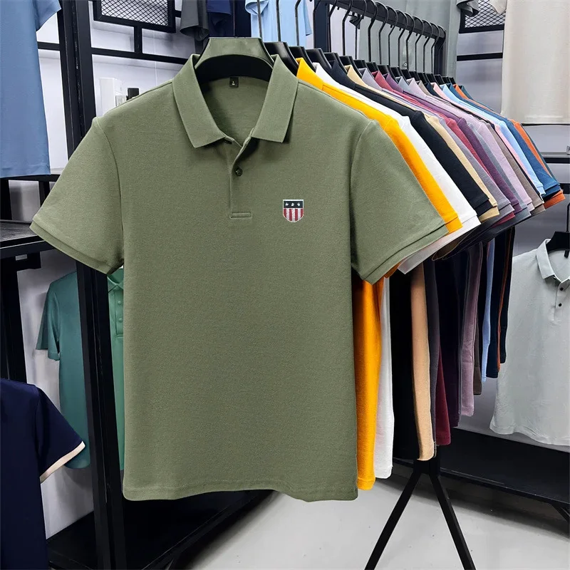 Men's Summer Luxury 100% Cotton Polo Shirt, Lapel Print Short Sleeve T-shirt, Breathable Business Casual Menswear