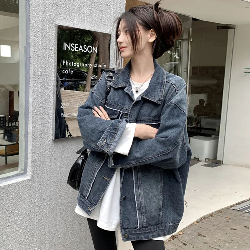 

Retro Blue Denim Jaet Women's Loose Fit Collar Waed adient Color Spring Autumn Outerwear Korean Sle Casual Cotton