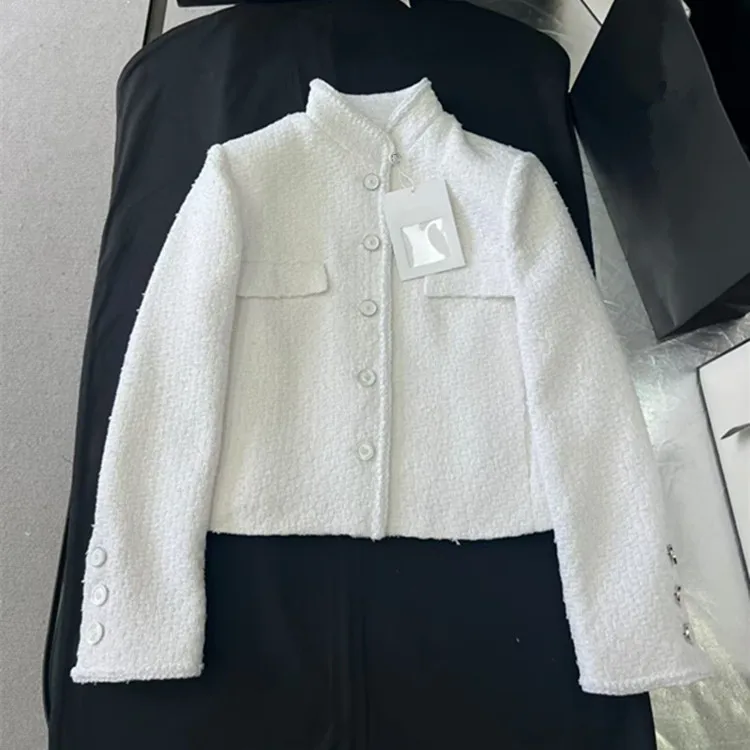 Customization European women's clothing for summer 2026 - new styles Long-sleeved stand-up collar white tweed coat Shorts set
