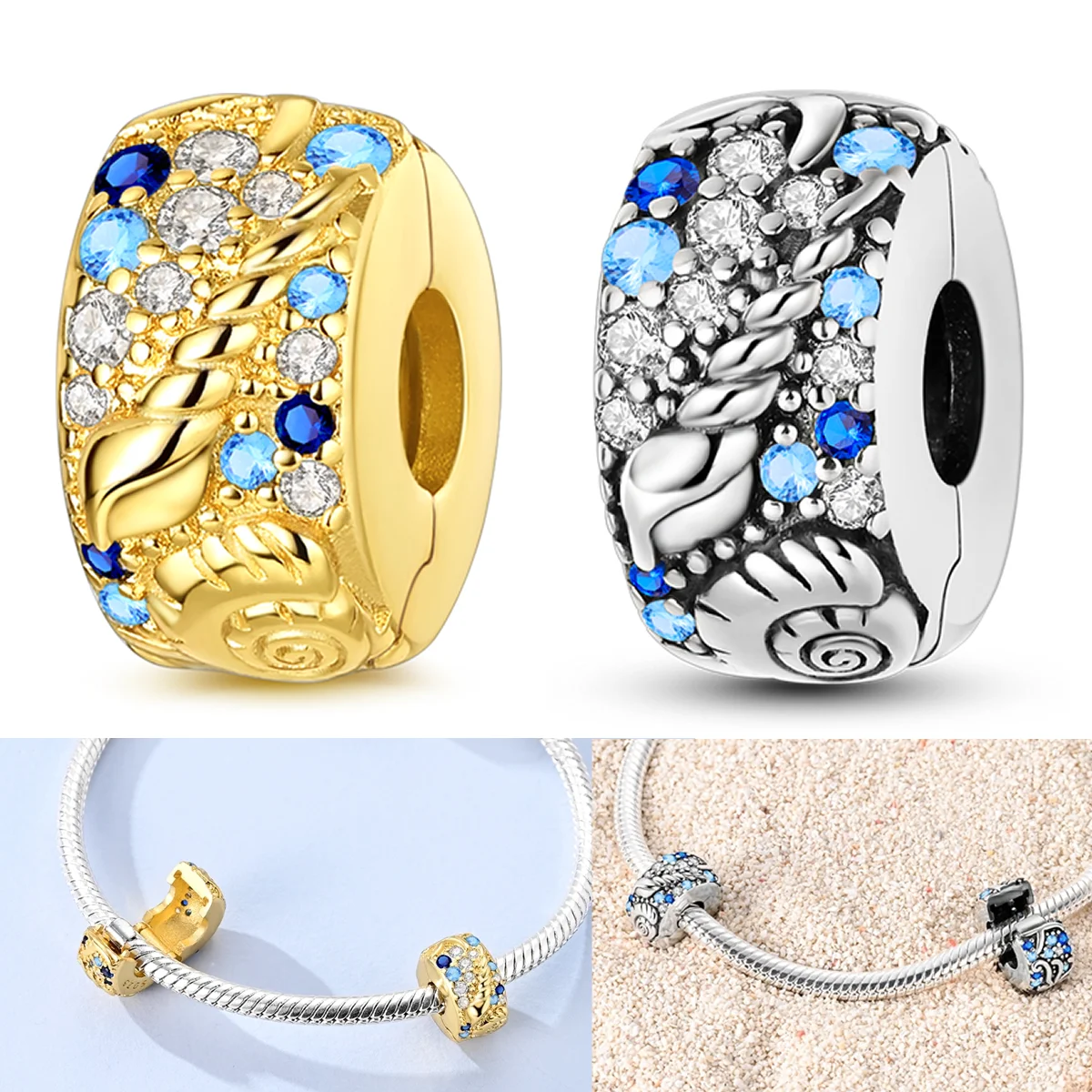 925 Sterling Silver Conch Clasp CZ pave Marine Organism Clip Charms Beads Stopper Fit Original Bracelet Women Jewelry Clips