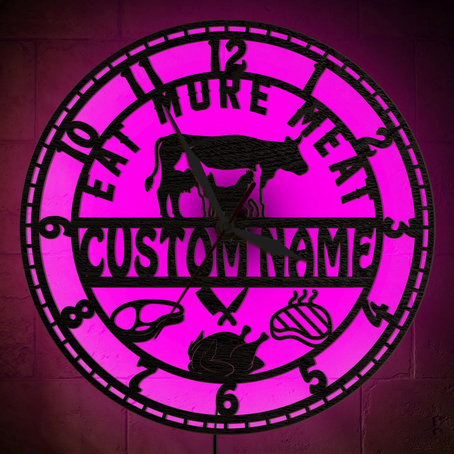 Personalized BBQ Meat Cow Wooden Wall Clock LED Night Light Custom Butcher Name RGB Multi Color Changing Night Glow Wall Clock