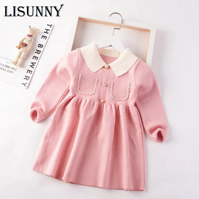 2023 Autumn Winter Girls Sweater Dress Kids Baby Sweater Children Pullover Knitted Dressrs Bead Jumper Turn-down Collar 3-8y