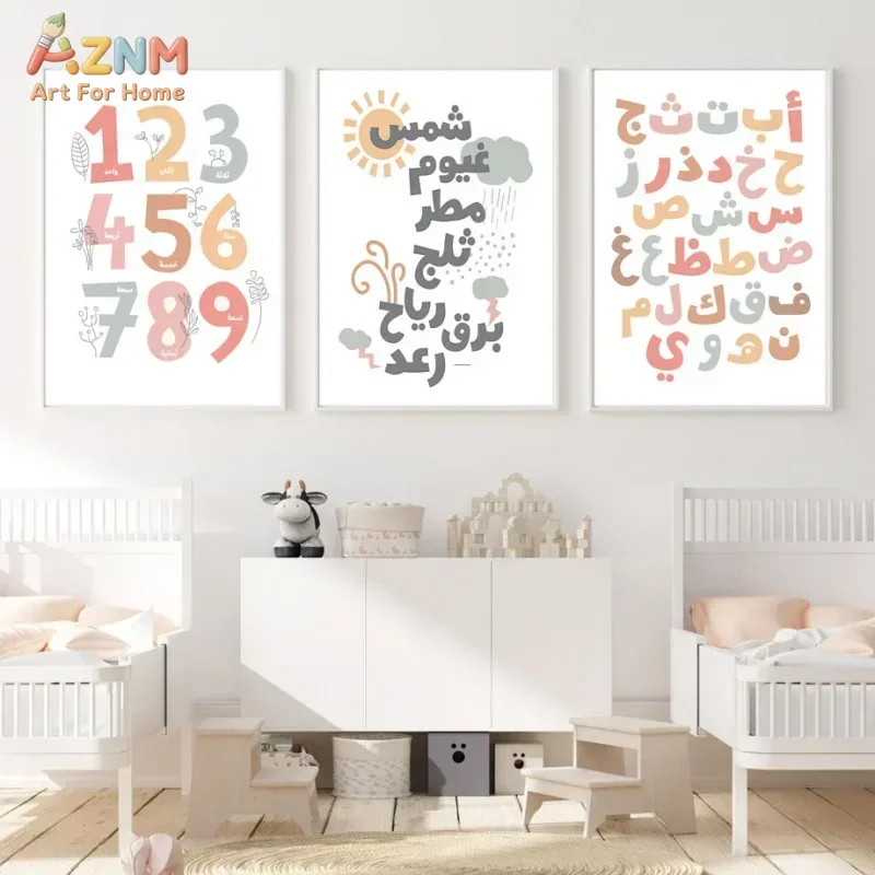 Arabic Wall Art English Alphanumeric Month Week Learn Education Print Canvas Painting Kids Poster Home School Class Decoration view 2