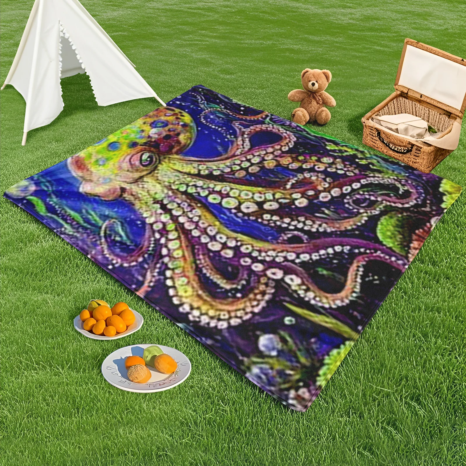 

Blue Octopus And Yellow Seaweed Outdoor Blanket For Beach Camping Hiking And Travel Adventures