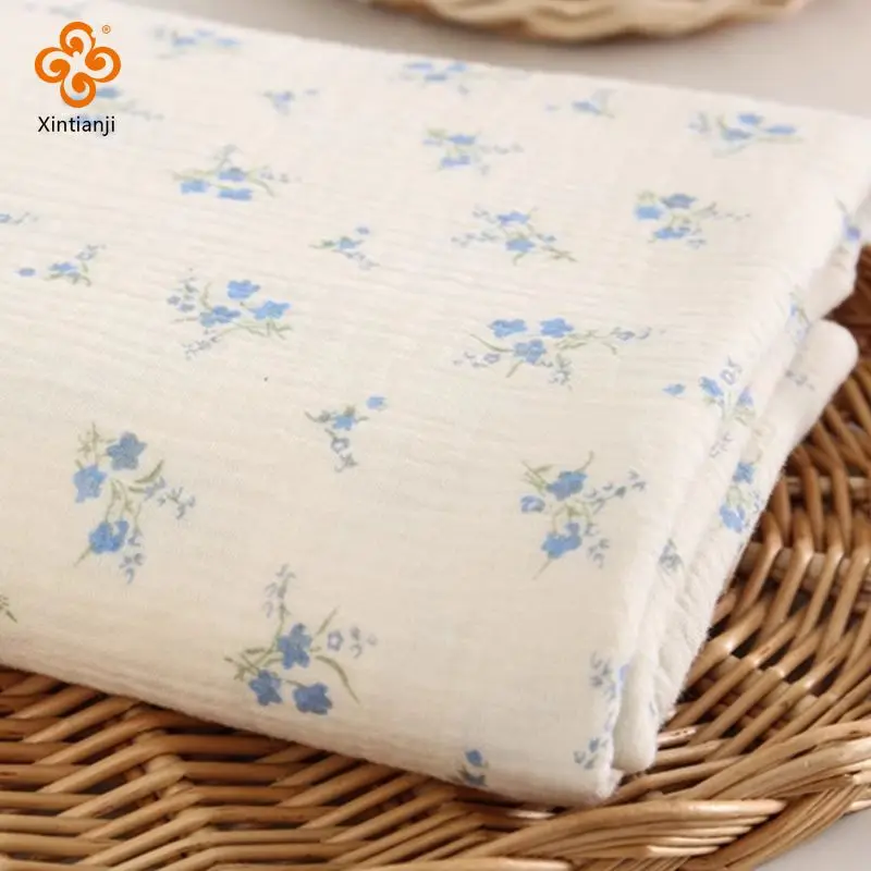 

0.5/1/3/5 Meters Soft Blue Floral Cotton Fabric, Double Layer Crepe Floral Printed Fabric, Light Beige Base Cotton Fabric