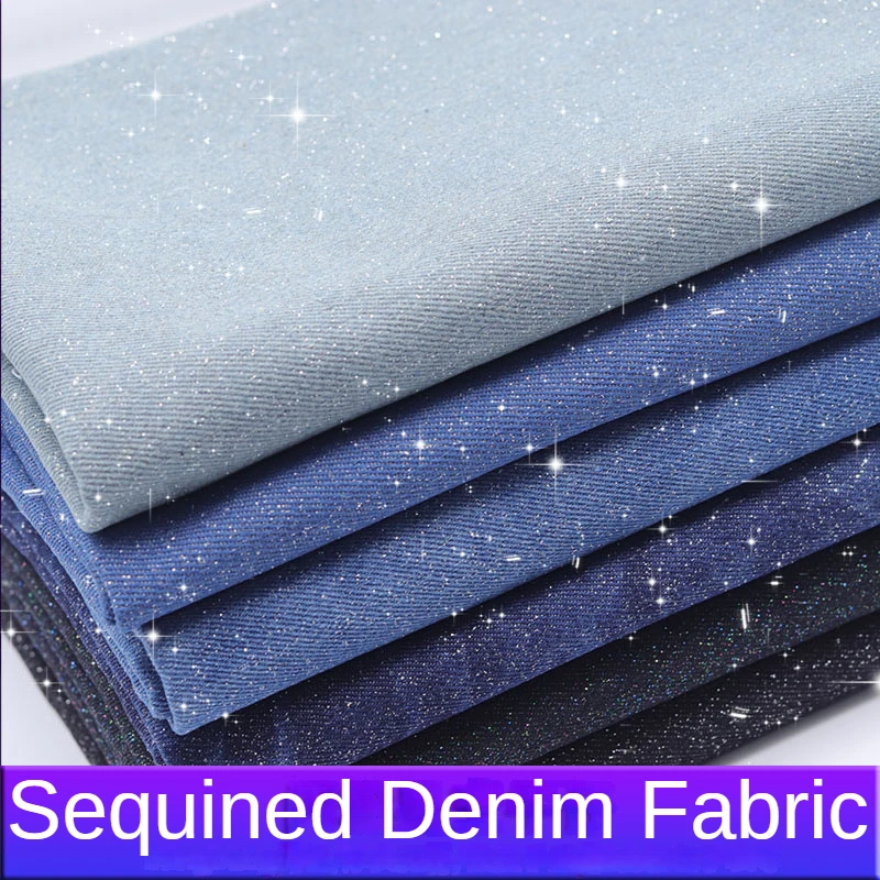 Sequined Denim Fabric By The Meter for Jeans Clothing Diy Sewing Black Blue Cloth Soft Textile Tie-dye Glitter Washed High-grade