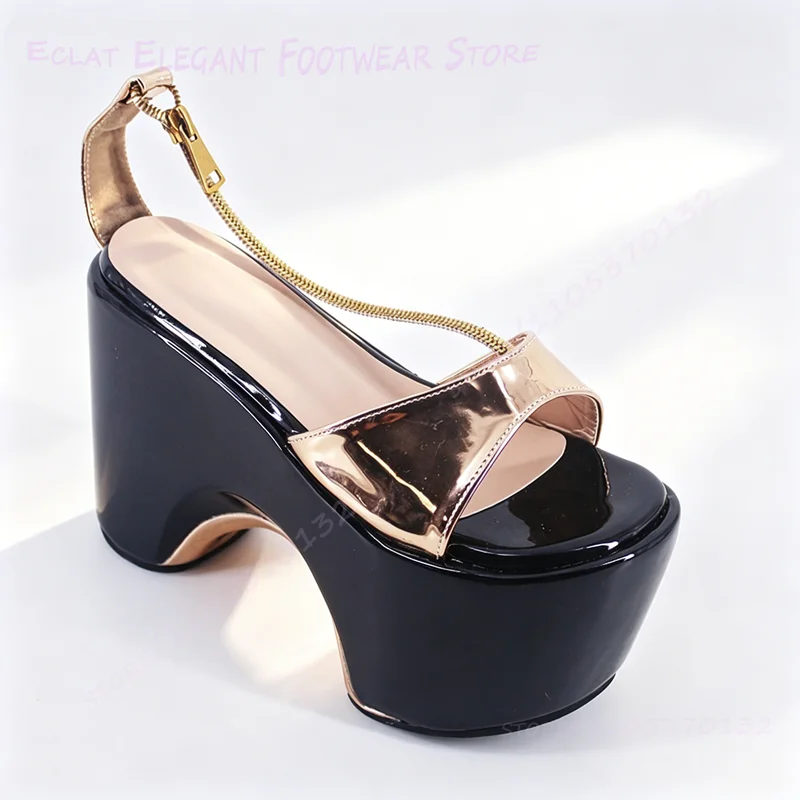 

Block Shaped Platform Sandals Strange Fretwork Heels Black Patent Women Square Toe Open Gold Buckle Bow Summer Girls Party Shoes