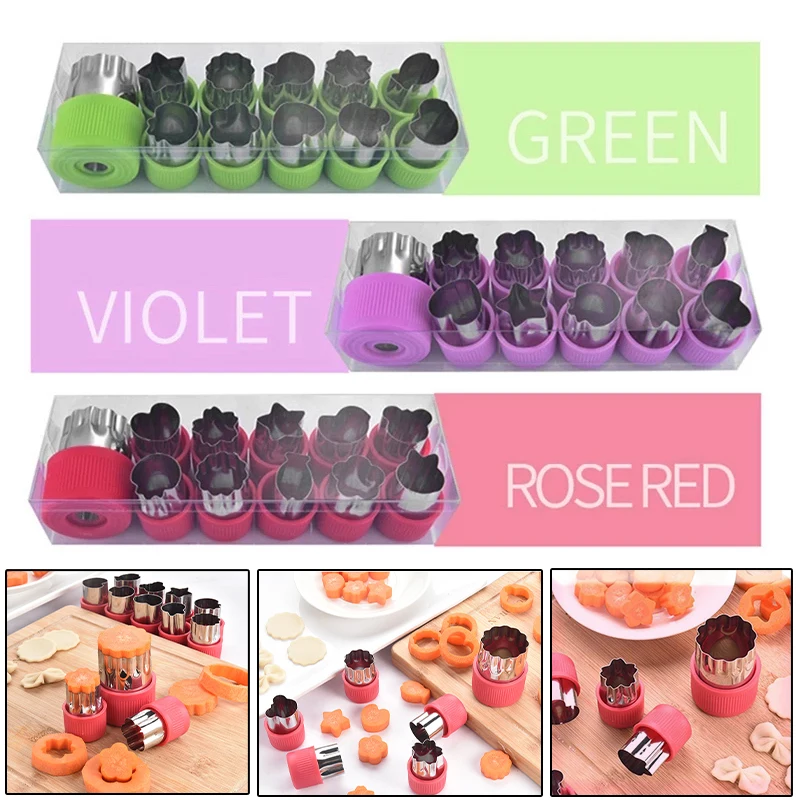 12Pcs Stainless Steel Vegetable Fruit Cutter Mold Flowers Cartoon Shape Cutting Mold Pie Cookie Cutters Fruit Pastry Stamps Mold