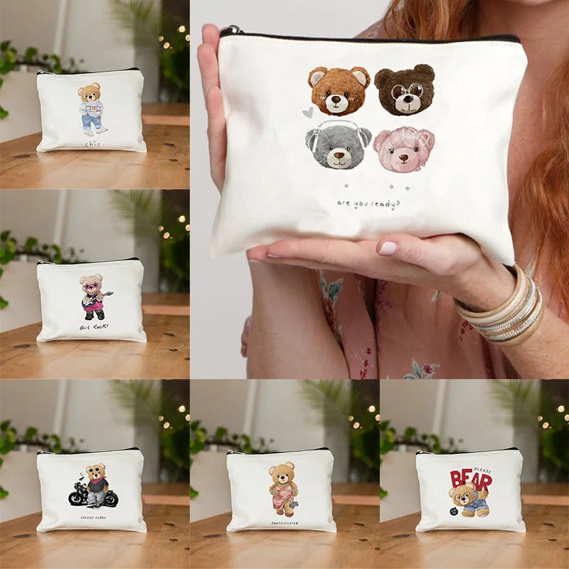 Cute Bear Padrão Maquiagem Sacos para Mulheres, Kawaii, Casual, Viagem, Senhoras, Caso Cosmético Portátil, Saco de Beleza, Bolsa de Higiene Pessoal