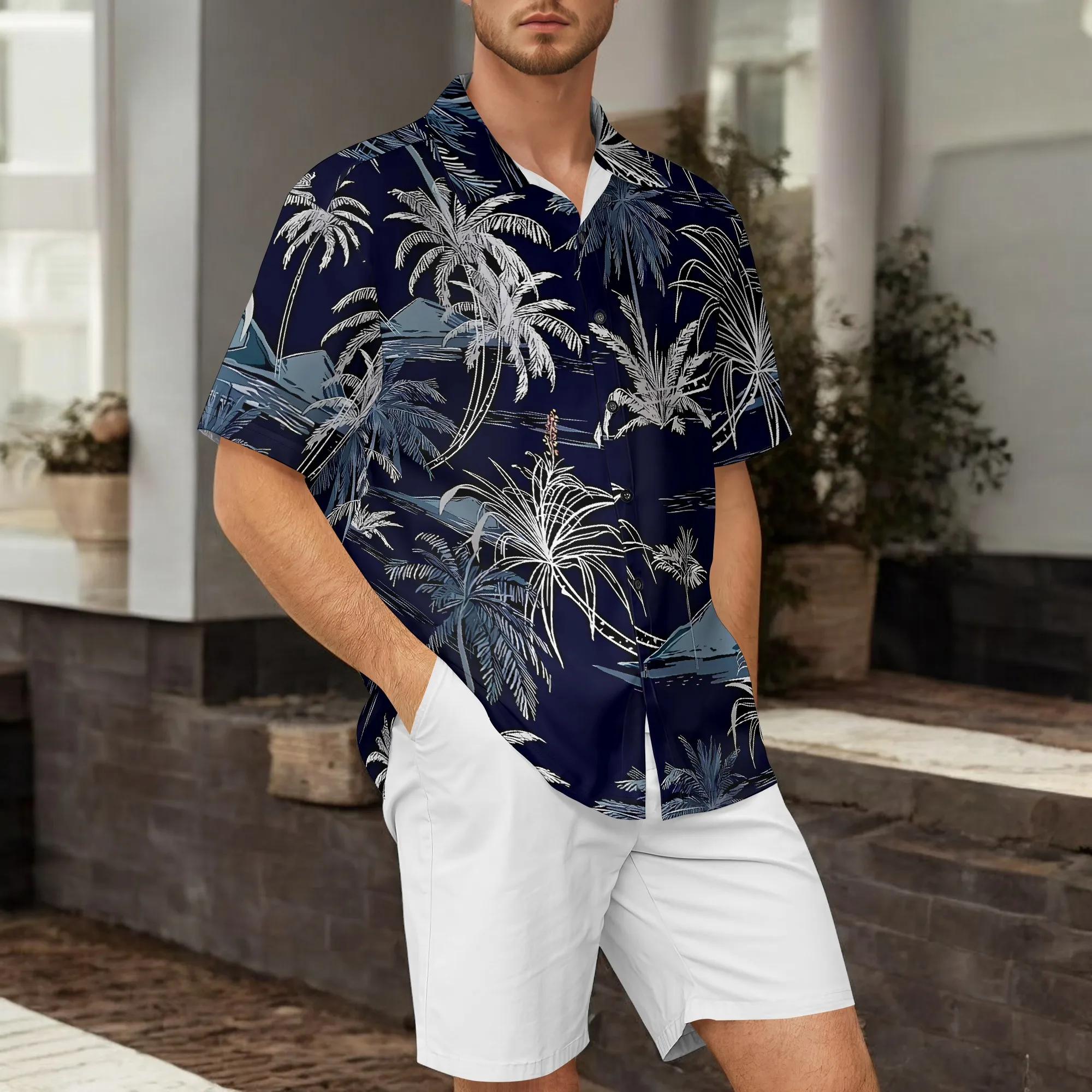 

YEAE Navy Palm Tree Print Shirt for Men Summer Casual Short Sleeve Top