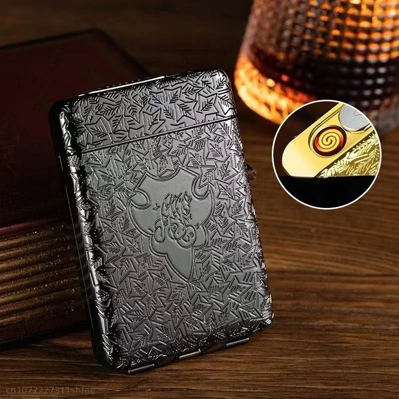 16  of Coarse Cigarettes, 20of Fine Cigarettes, Metal Material , Tungsten Wire Silent Windproof Ignition Portable Cigarette Box