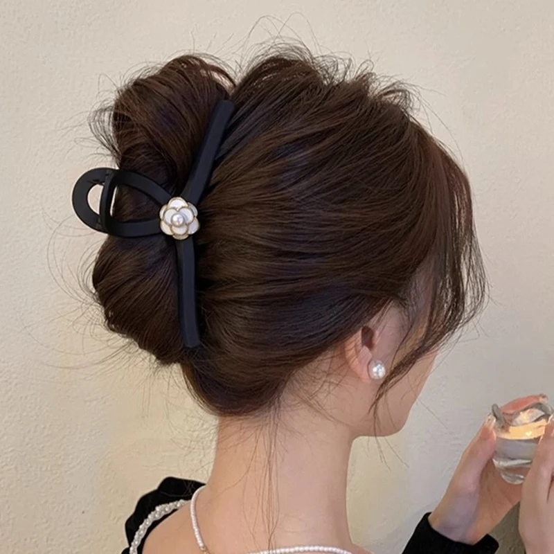 1pc black matte camellia grab clip large elegant French hair clip, the back of the head coil hair premium shark clip hair grip image 2