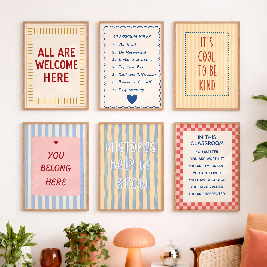 Set of 6 Classroom Motivational Are Welcome Rules Kind You Belong Mistakes Help Modern Decorative Canvas Poster Wall Art Prints